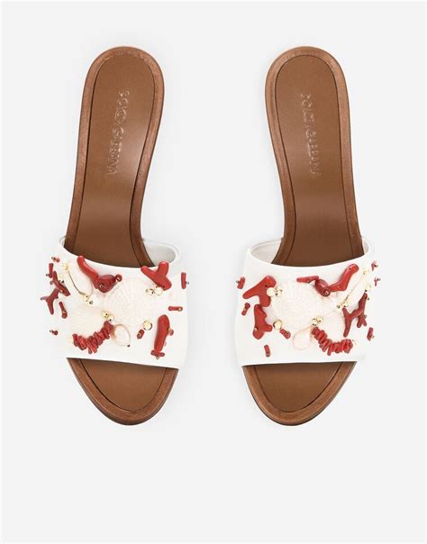 Nappa leather mules with coral embroidery 